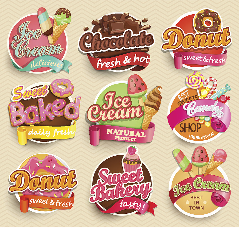 营养成分标签,甜食,糖果,冷冻食物,巧克力工厂,多纳圈,面包店,冰淇淋,证章,冰冻酸奶