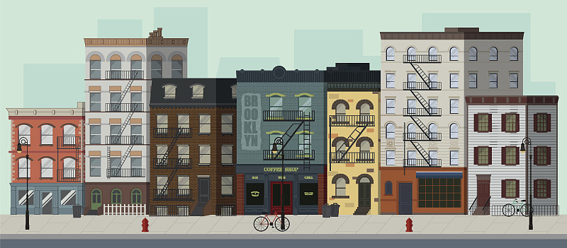 公寓,平坦的,街道,绘画插图,商店,矢量,防火梯,消防栓,布鲁克林