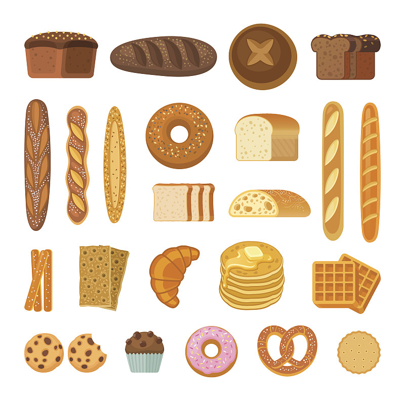 面包,小圆面包,杆状面包,比利时华夫饼干,白面包,法式长棍面包,粗麦面包,百吉饼,意大利拖鞋面包,牛角面包