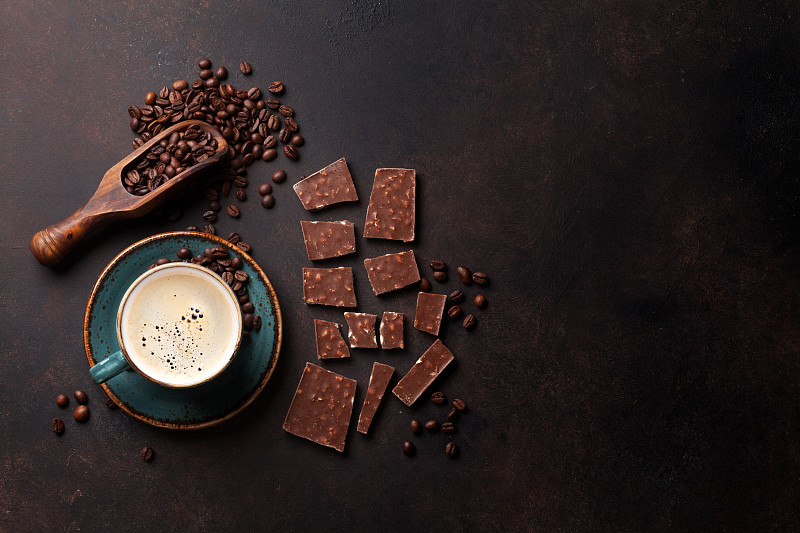 巧克力,古典式,咖啡杯,餐桌,咖啡,咖啡馆,褐色,烤咖啡豆,留白,水平画幅
