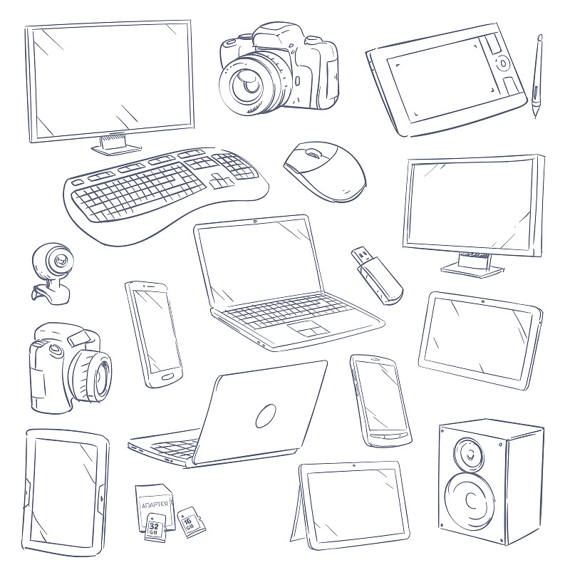 草图,技术,矢量,手,桌上玩具,潦草,电影摄像机,计算机键盘,电子行业,插图画法