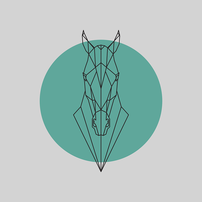 马,动物头,几何形状,灰色,绿色背景,线条,分离着色,墨西哥野马,种马,剪影