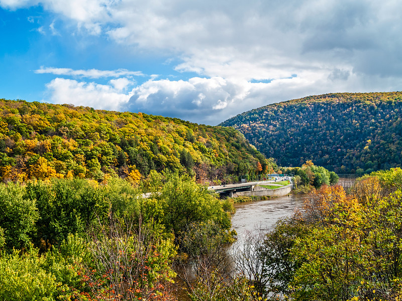 特拉华峡谷,风景,宾夕法尼亚,特拉华河,新泽西,地形,美国,国家公园,水平画幅,秋天