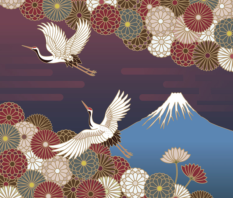 富士山,日本,鹤,传统,式样,菊花,植物叶柄,鸟类,翅膀,雪山