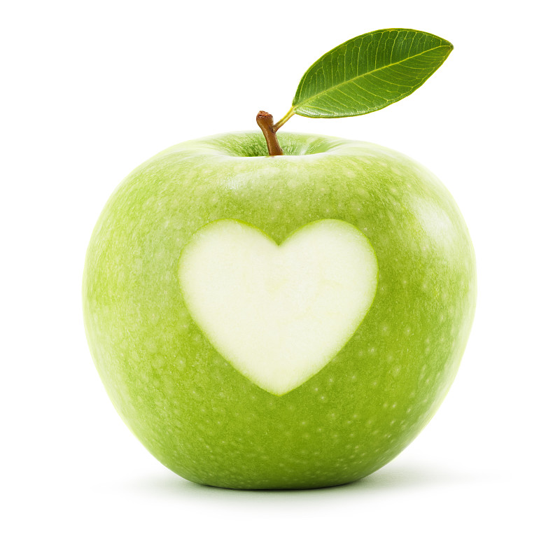 苹果,绿色,心型,白色背景,叶子,符号,分离着色,青苹果,健康食物,人类心脏