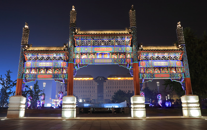 西单,北京,方形画幅,大门,公园,水平画幅,建筑,夜晚,无人,传统