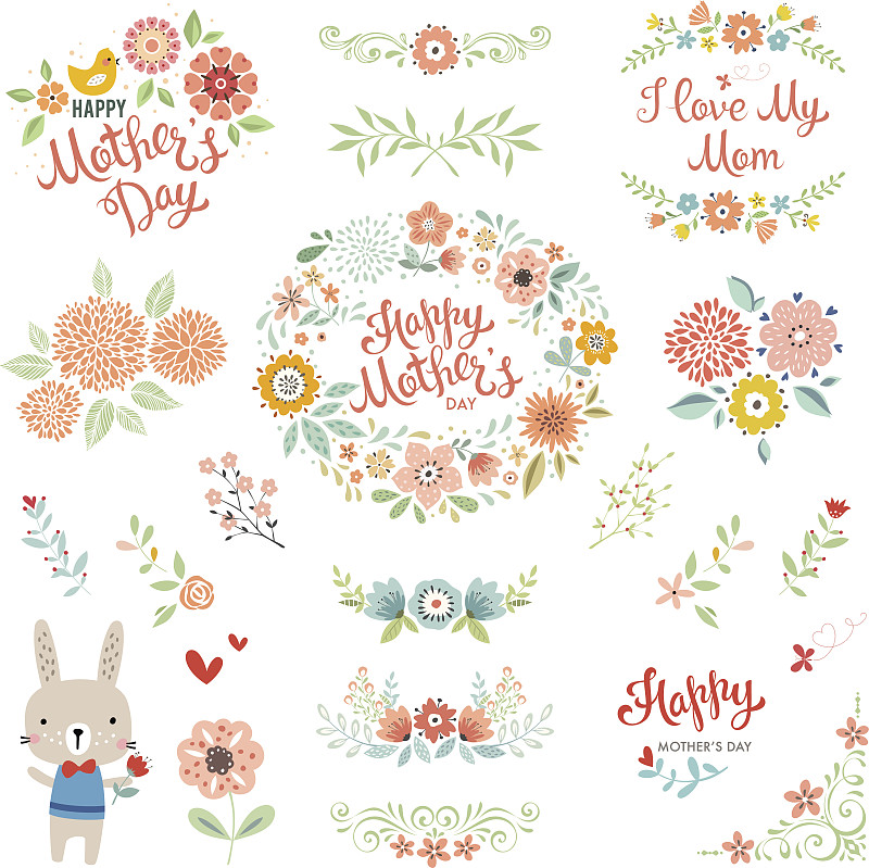 母亲节,四元素,女性特质,大丽花属,花束,小鸡,小兔子,花纹,兔子,花卉花环