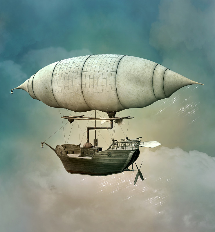蒸汽朋克,热气球,幻想,飞艇,远古的,童话故事,船,管道,古典式,垂直画幅