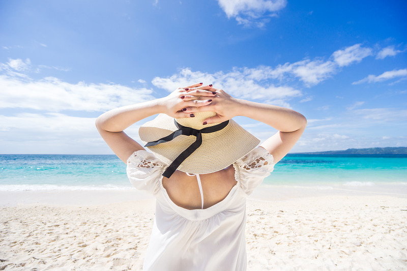 海滩,女人,乐趣,长滩岛,菲律宾,阔边遮阳帽,日光浴,美,留白,半身像