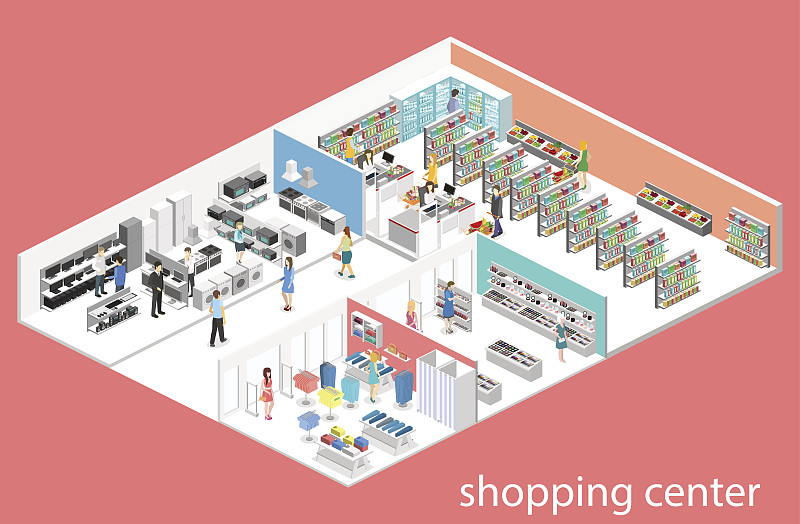 商店,购物中心,食品杂货,室内,家庭生活,计算机,设备用品,等角投影,超级市场,绘画插图