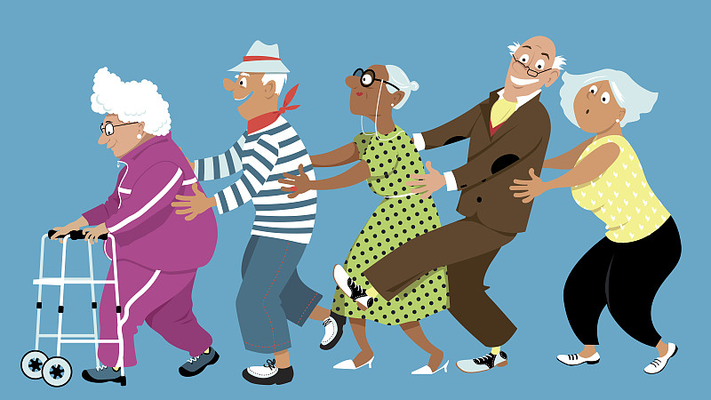 康茄舞,退休社区,疗养院,永远年轻,老年人,古老的,舞蹈,卡通,祖父,社交聚会
