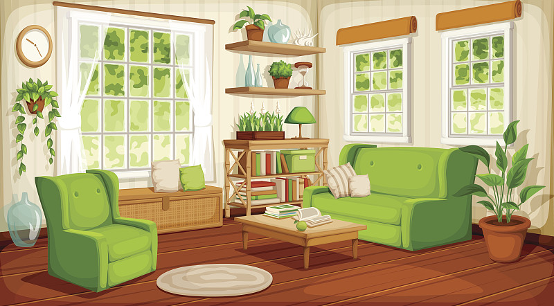 起居室,绘画插图,矢量,室内,室内植物,常春藤,扶手椅,书架,卡通,灯罩