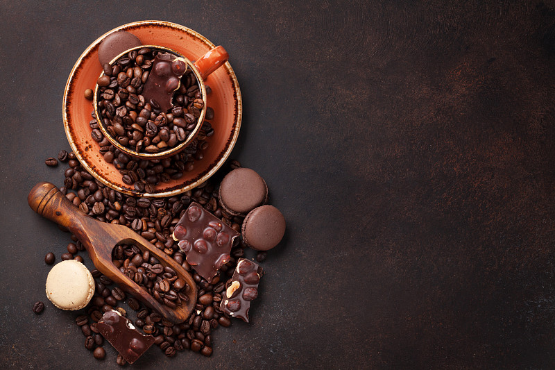 巧克力,咖啡杯,豆,咖啡,咖啡馆,烤咖啡豆,留白,褐色,水平画幅,高视角
