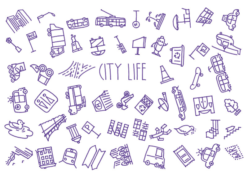 四方连续纹样,城市生活,吹火者,无轨电车,巡逻车,地铁站,垃圾筒,十字路口,快餐店