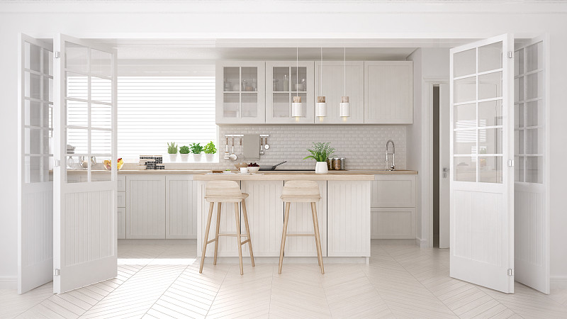 厨房,简单,白色,斯堪的纳维亚人,木制,室内设计师,极简构图,大特写,吧椅,柜子