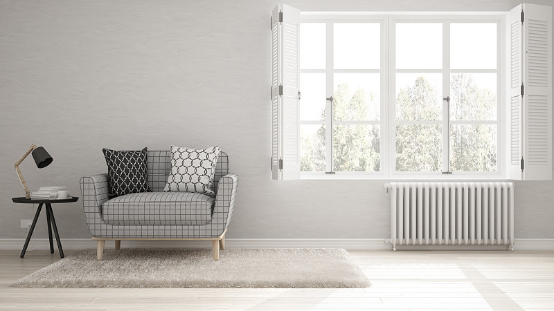 斯堪的纳维亚人,窗户,极简构图,白色,室内设计师,生活方式,起居室,巨大的,简单