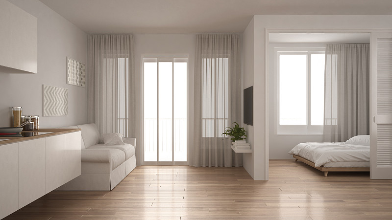 白色,卧室,公寓,极简构图,厨房,室内设计师,小的,起居室,水平画幅,档案