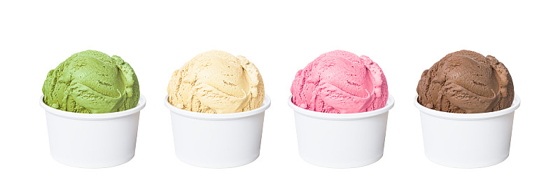 冰淇淋,香草兰,杯,绿茶,草莓,巧克力,白色,白色背景,铲子,分离着色
