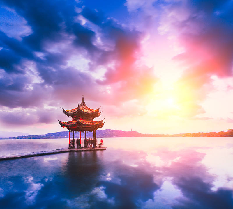西湖,杭州,亭台楼阁,远古的,黄昏,游乐园,水,天空,美,水平画幅