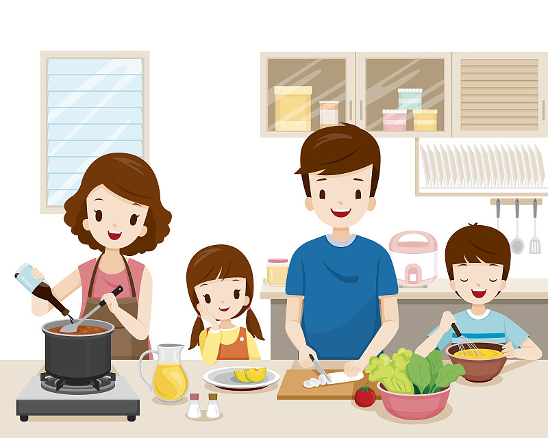 家庭,食品,厨房,幸福,燃气灶,基本粒子,刮刀,父女,柜子,母亲