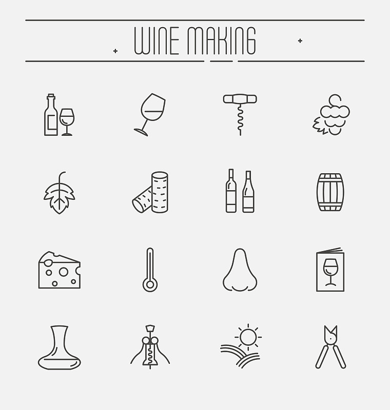 葡萄酒,计算机图标,细的,矢量,成一排,绘画插图,白色背景,分离着色,做,布置