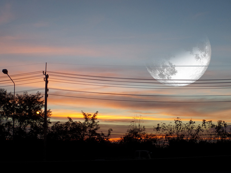 电力线,天空,半月,能源,积雨云,线条,月全食,月光,轨道运行,日月食