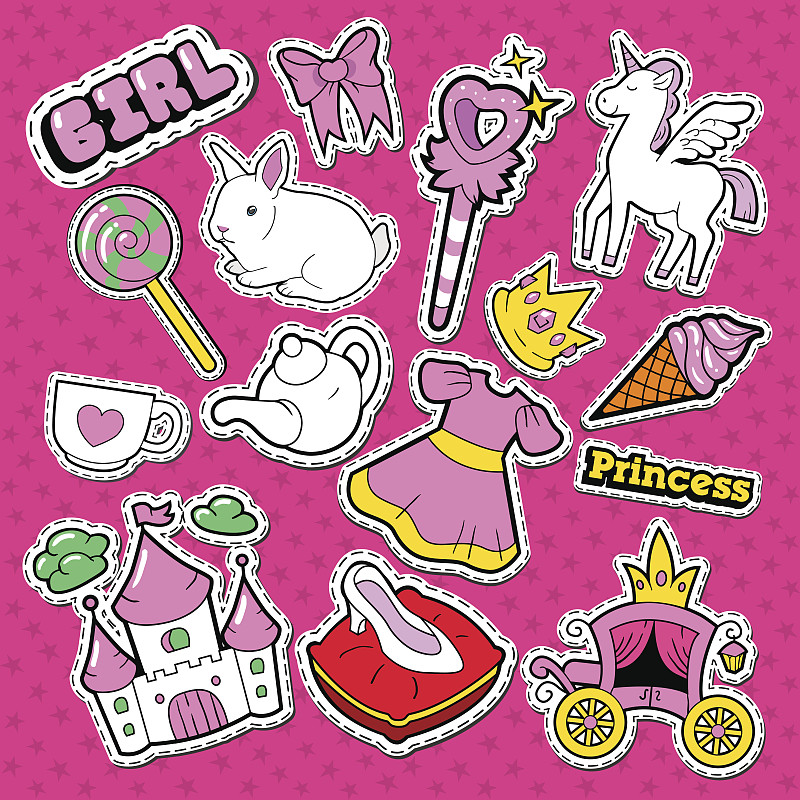 证章,标签,公主,眼罩,小的,独角兽,魔杖,王冠,纺织补丁,兔子