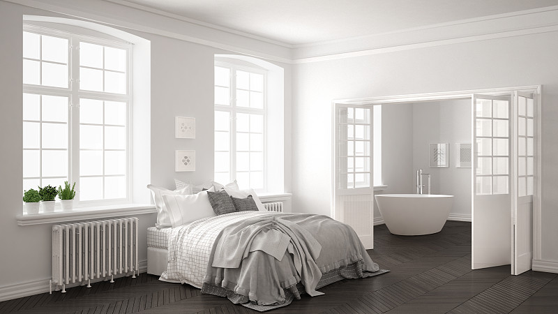 卧室,斯堪的纳维亚人,浴室,白色,极简构图,室内设计师,灰色,背景,简单,传统