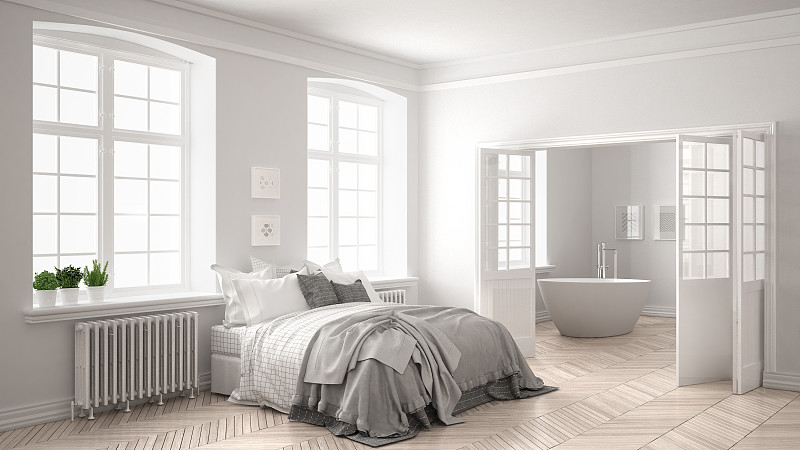 斯堪的纳维亚人,卧室,白色,极简构图,浴室,室内设计师,背景,简单,镶花地板