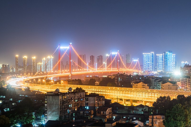夜晚,吊桥,长江,湖北省,黄昏,橙色,工程,钢铁,商业金融和工业,河流