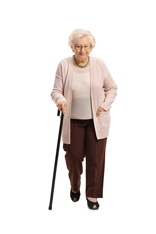 手杖,中老年女人,全身像,全身独立,老年人,古老的,白色背景,背景分离,白人,仅一个老年女人