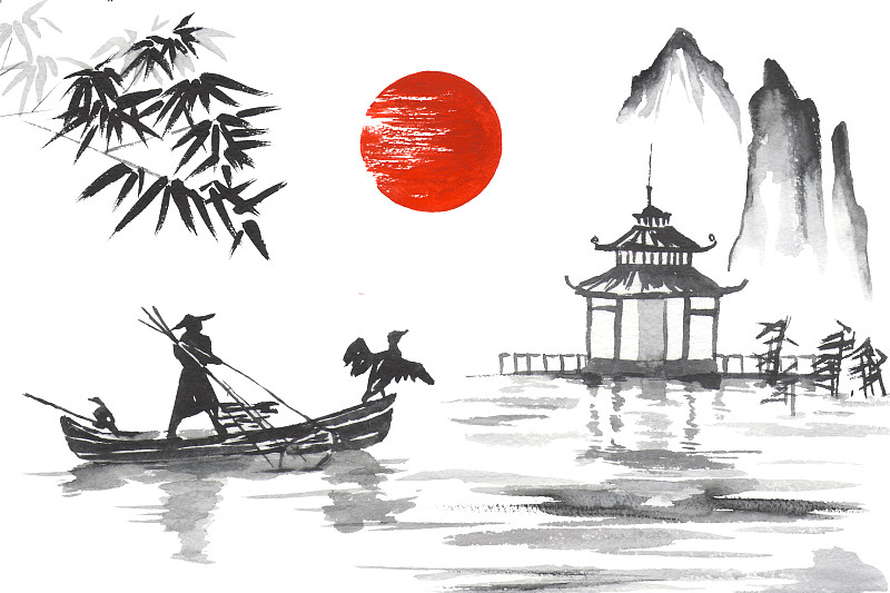 传统,日本人,日本,男人,烟灰墨,船,日本阿尔卑斯山脉,竹子叶