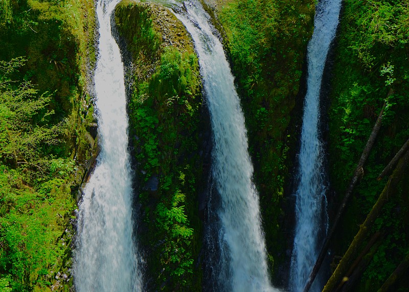 三重瀑布,角度,哥伦比亚河谷,噢能塔峡谷,羽冠山国家森林,温带雨林,卡斯基德山脉,俄勒冈州,美国西北太平洋地区,纯净