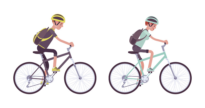 女人,男人,骑自行车,自行车,运动头盔,自驾游,绘画插图,性格,旅行者,保险箱