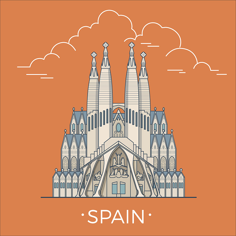 绘画插图,卡通,模板,矢量,旅游目的地,欧洲,西班牙,平坦的,设计