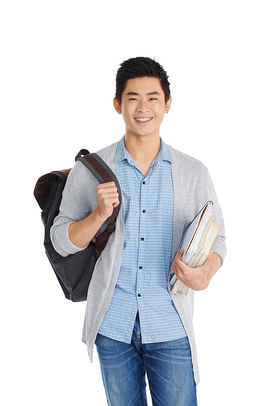 越南人,学生,男性美,注视镜头,教科书,高大的,越南,背包,白色背景,垂直画幅