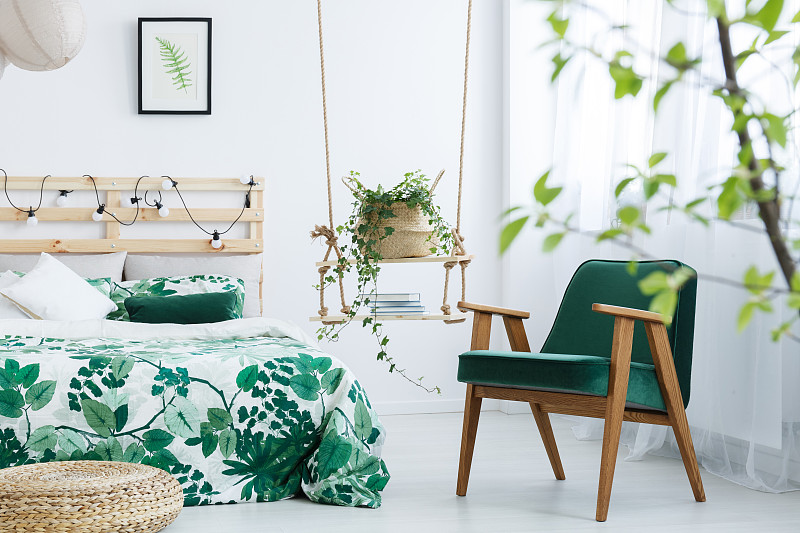 卧室,扶手椅,羽衣甘蓝,绿色,跪垫,复式楼,新的,灵感,水平画幅,装修