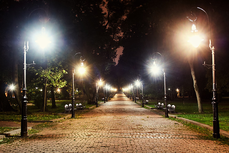 夜晚,城市,路灯,公园,基辅,灯笼,单车道,雨,街道,照明设备