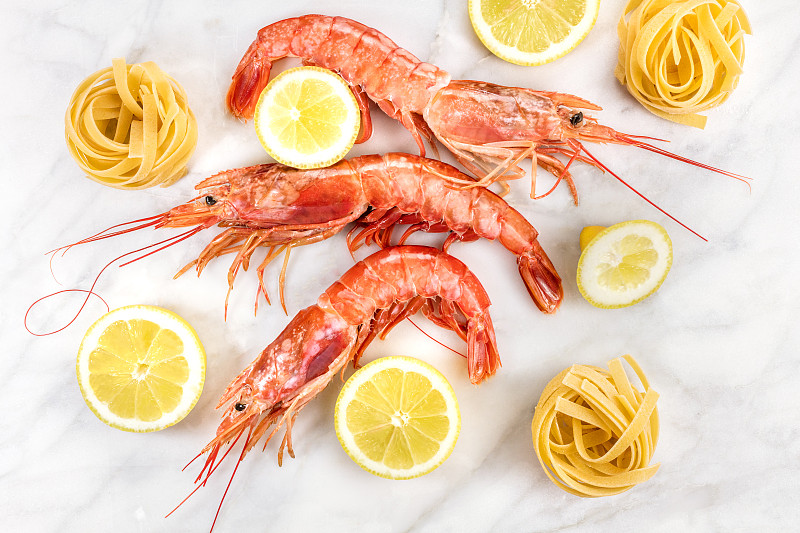 虾,生食,大理石,柠檬,桌子,意大利面,大虾,意大利宽条面,意大利干面条,甲壳动物