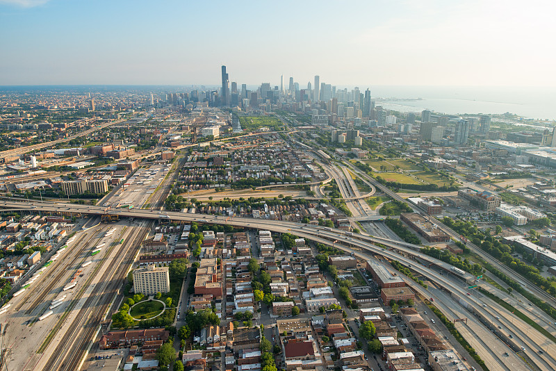 芝加哥市,航拍视角,南,伊利诺斯州,美国,直升机,水平画幅,无人,位置,路