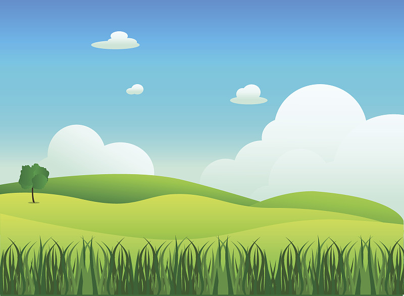 草地,绿色,草,地形,云,蓝色,绘画插图,白色,田地,矢量