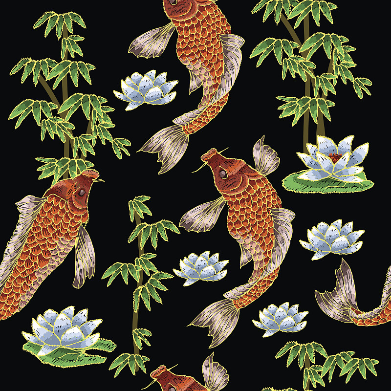 鲤鱼,刺绣,传统,日本,锦鲤,自然,水,式样,艺术,纺织品