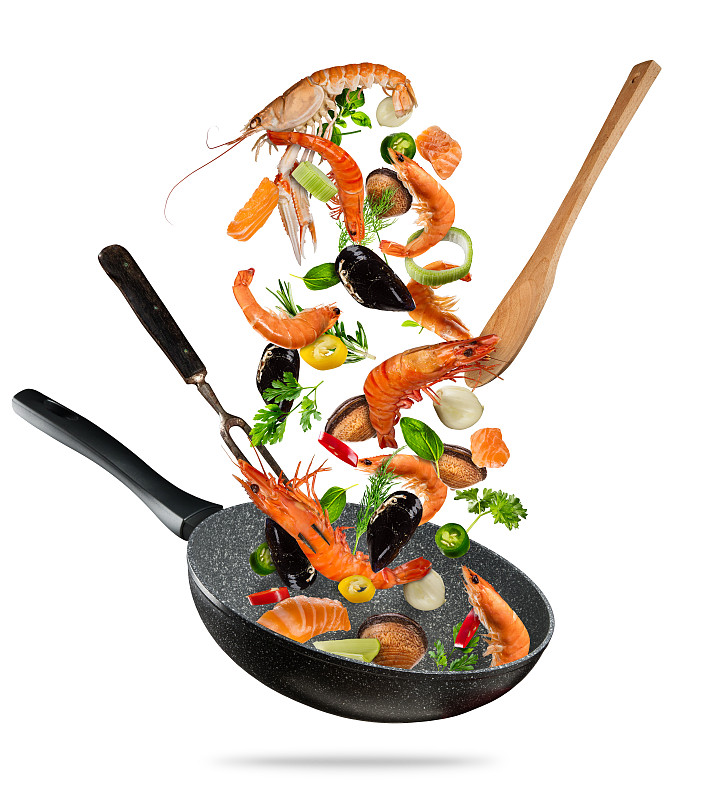 锅,海产,蔬菜,清新,白色背景,两翼昆虫,虾,明虾,成分,贻贝