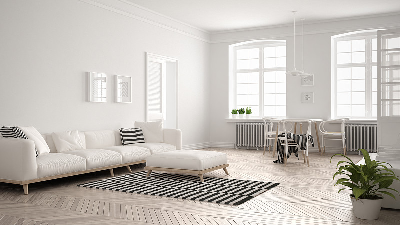 斯堪的纳维亚人,白色,起居室,极简构图,沙发,明亮,室内设计师,餐桌,跪垫,顶楼公寓