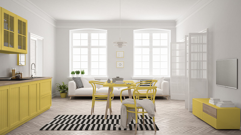 厨房,室内设计师,白色,黄色,极简构图,斯堪的纳维亚人,餐桌,起居室,开放式设计,镶花地板