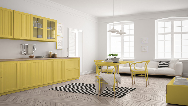 厨房,起居室,黄色,白色,极简构图,斯堪的纳维亚人,室内设计师,餐桌,开放式设计,北欧