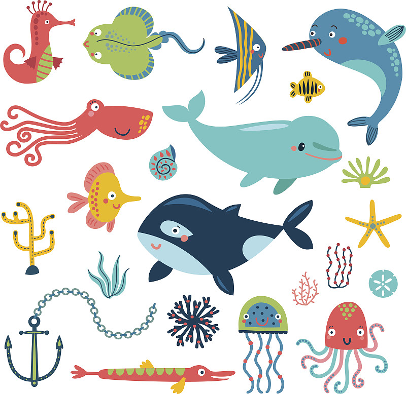 矢量,海洋,箭鱼,章鱼,蛤,寄生蟹,海豚,鲸,美人鱼,海洋生命