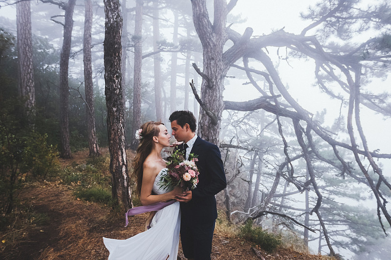 秋天,婚礼,森林,新婚夫妇,秘密,在雾中,闷闷不乐,新郎,新娘,幻想