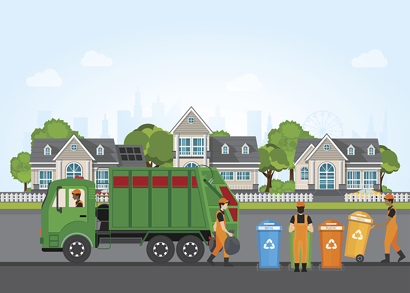 循环利用,城市,概念,垃圾车,废旧物回收中心,清洁工,工业垃圾箱,环保人士,堆肥,拖车