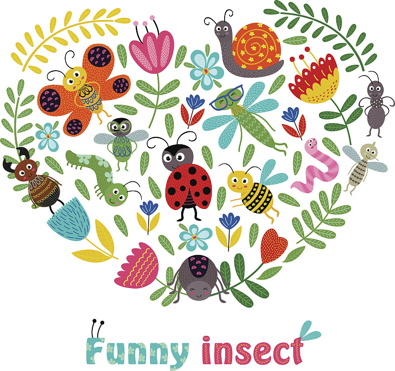 昆虫,心型,乐趣,植物群,毛虫,蜗牛,瓢虫,甲虫,蚊子,卡通
